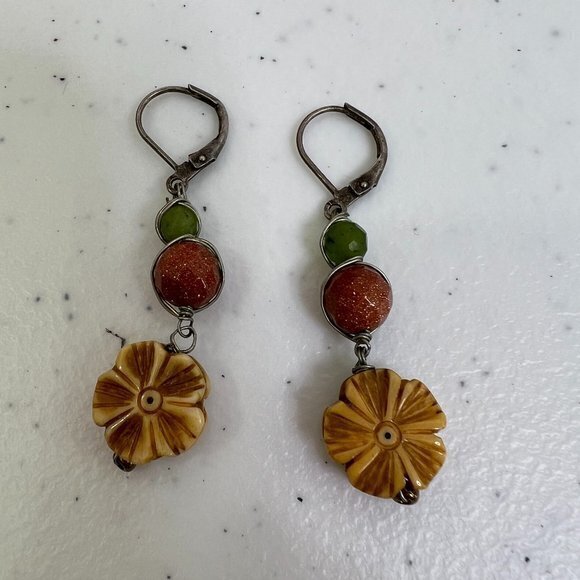 Jewelry - Goldstone Earrings Flower Dangle Beaded Orange Green Wire‎ Wrapped Drop 3D